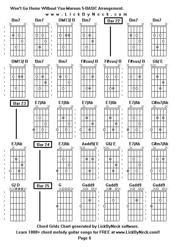 Chord Grids Chart of chord melody fingerstyle guitar song-Won't Go Home Without You-Maroon 5-BASIC Arrangement,generated by LickByNeck software.